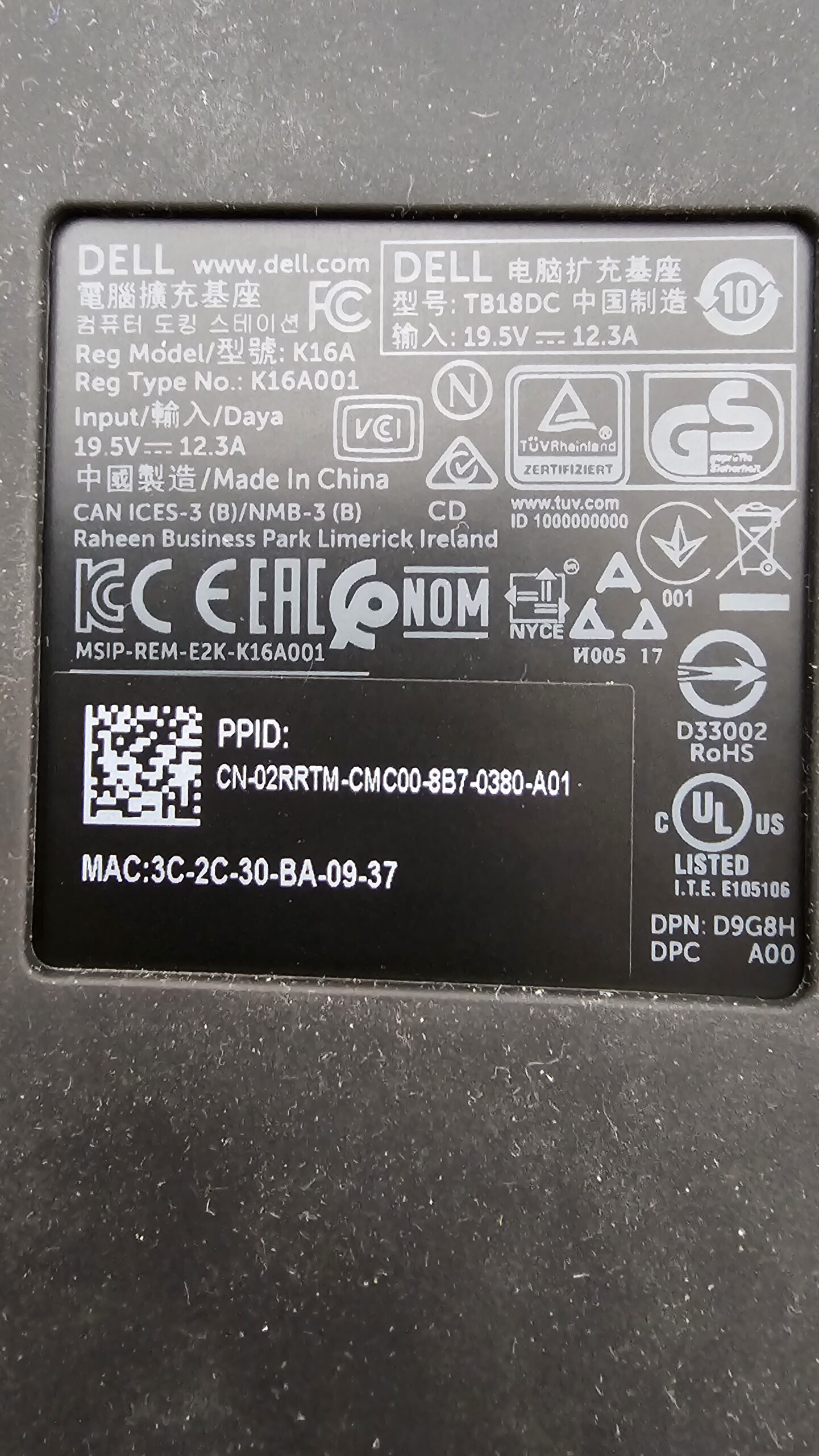 Station D’accueil/Réplicateur de ports Dell TB18DC – K16